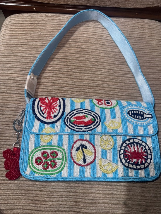 handmade by india Handbags - Light Blue Beaded Shoulder Bag with Multicolor Nautical Motifs